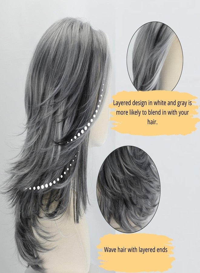 Fencca Silver Grey Wigs For White Women Wavy Layered Wig, Medium-length Salt Pepper Wig With Synthetic Highlight Grey Wave Shaggy Wigs 20Inch Synthetic Hair For Daily Party Use - Image 4